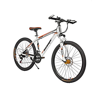 26 Inch Mountain Bikes, 21 Speed Suspension Fork MTB, High-Tensile Carbon Steel Frame Mountain Bicycle with Dual Disc Brake for Men and Women (orange)