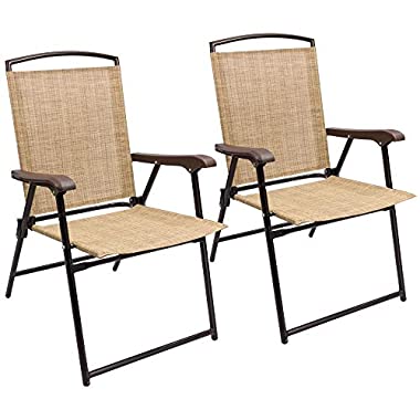 Devoko Patio Folding Chair Deck Sling Back Chair Camping Garden Pool Beach Using Chairs Space Saving Set of 2 (Beige)