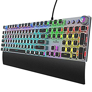 FIODIO Mechanical Gaming Keyboard, LED Rainbow Gaming Backlit, 104 Anti-ghosting Keys, Quick-Response Black Switches, Multimedia Control for PC and Desktop Computer, with Removable Hand Rest