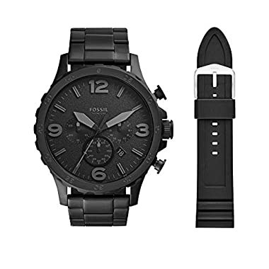 Fossil Men's Nate Quartz Stainless Steel Chronograph Watch, Color: Black & Men's 24mm Silicone Watch Band, Color: Black