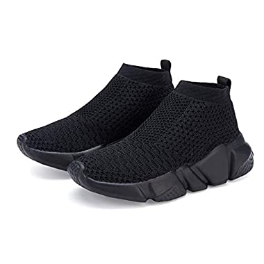 Hetios Boys Knit Slip Lightweight Athletic Running Sneakers Breathable Shoes All Black (1 M US Little_Kid 044AB-32)