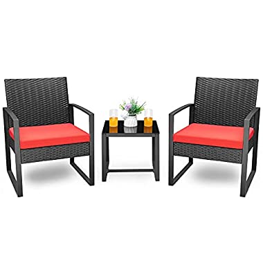 Homall Balcony 3 Piece Furniture Table Garden Backyard Outdoor Patio Use Porch Chairs Cushioned PE Wicker Bistro Set Rattan (Red)