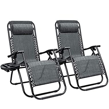 KaiMeng Zero Gravity Folding Lounge Chairs Outdoor Patio Adjustable Reclining Chair with Pillows and Cup Holders for Beach Set of 2 (Double Grey)