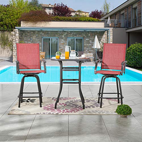 LOKATSE HOME 3 Pcs Bar Stools Set 2 High Swivel Chairs and 1 Height Outdoor Bistro Table, Patio Furniture, Red Tesling Fabric