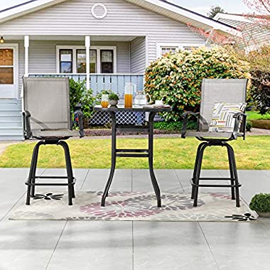 LOKATSE HOME 3 Pcs Bar Stools Set 2 High Swivel Chairs and 1 Height Outdoor Bistro Table, Patio Furniture, Grey Tesling Fabric