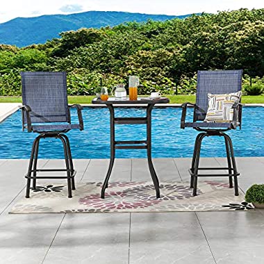 LOKATSE HOME 3 Pcs Bar Stools Set 2 High Swivel Chairs and 1 Height Outdoor Bistro Table, Patio Furniture, Blue Tesling Fabric
