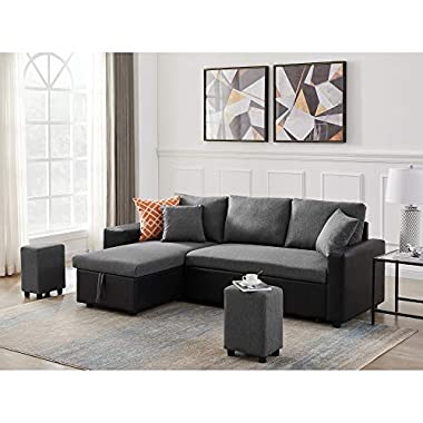 MAFOROB Linen Reversible Sleeper Sectional Sofa Bed with 2 Stools&Storage & 2 Pillows, Dark Gray