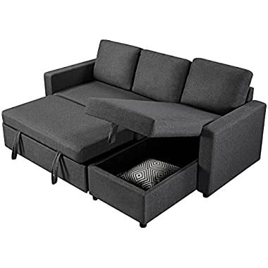 Modern Sectional L-Shaped Sofa Couch Bed w/Chaise, Reversible Couch Sleeper w/Pull Out Bed & Storage Space, 4-seat Linen Fabric Convertible Sofa, Suitable for Living Room/Limited Spaces Gray