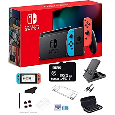 Newest Nintendo Switch 32GB Console, Neon Blue and Neon Red Joy-Con, 6.2" Multi-Touch, WiFi, Bluetooth, HDMI,64GB SD Card and GalliumPi Ultimate 18-in-1 Bundle