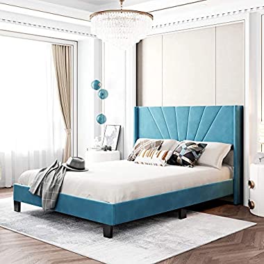 P PURLOVE Queen Size Platform Bed for Bedroom, Velvet Upholstered Bed Frame for Living Room Slat Kit Included, No Box Spring Needed, Blue Bed