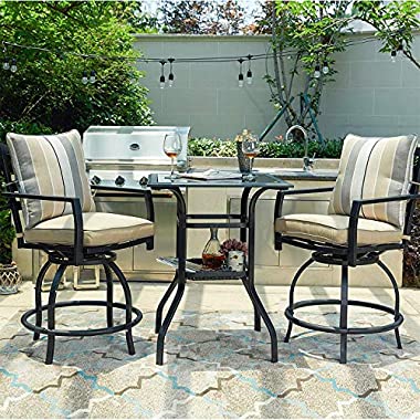 PatioFestival 3 Pcs Outdoor Height Bistro Chairs Set Patio Swivel Bar Stools with 2 Yard Armrest Chairs and 1 Glass Top Table, All Weather Steel Frame Furniture (Chairs&Table Set) (Beige)