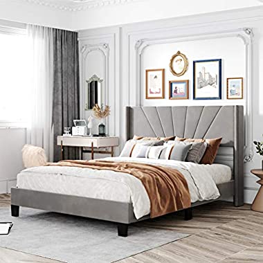 Queen Size Velvet Upholstered Platform Bed, Box Spring Needed - Gray (Grey)