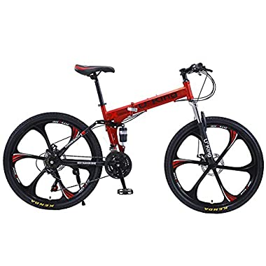 U`King Folding Mountain Bike, 21 Speed High Carbon Steel Bicycle with Shimano Brake Set, Full Suspension MTB, Lightweight, Dual Disc System, 26 Inches Wheels Outdoor Bike for Adults, Men, Women (Red)