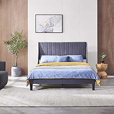 Vanergy Full Bed Frame Upholstered Platform Bed with Headboard, Heavy Duty Bed Frame with Wood Slat Support, No Box Spring Required, Easy Assembly (Grey, Full)
