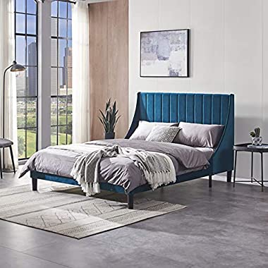 Vanergy Queen Size Bed Frames Upholstered Platform Bed with Headboard, Heavy Duty Bed Frame with Wood Slat Support, No Box Spring Required, Easy Assembly (Blue, Queen)