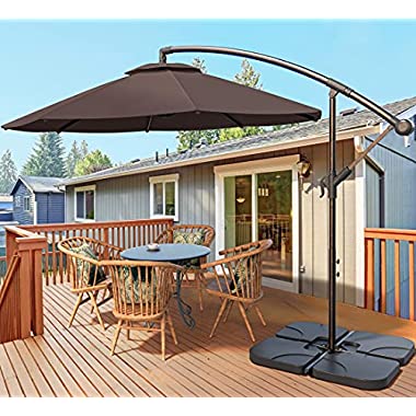 VOUA Offset Umbrella 10ft Cantilever Umbrella 8 Ribs Patio Hanging Umbrella Large Outdoor Umbrella with Crank & Cross Base for Backyard, Poolside, Lawn and Garden, Weight Base not Include, Coffee